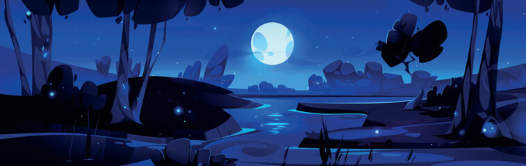 Night landscape with river flowing in valley. Vector cartoon illustration of beautiful natural scenery, full moon and stars glowing in dark sky, reflection on water surface, trees and bushes on banks