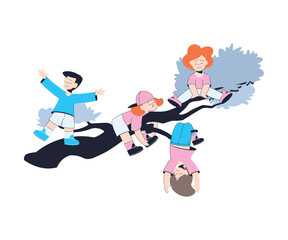 Happy Boy and Girl Playing in Tree Branch Having Fun Vector Illustration