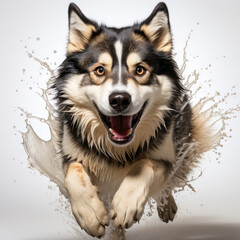 Fototapeta premium A Siberian Husky (Canis lupus familiaris) with dichromatic eyes in a running pose.