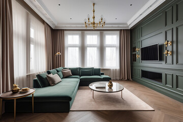 Modern dining room interior with glamour wooden table, stylish chairs and design decoration.