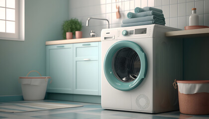 Modern washing machine in interior of home laundry room. Generation AI