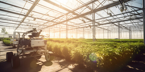 Cannabis farm marijuana automatic plantation with modern robot arm, sunset. Generation AI - obrazy, fototapety, plakaty