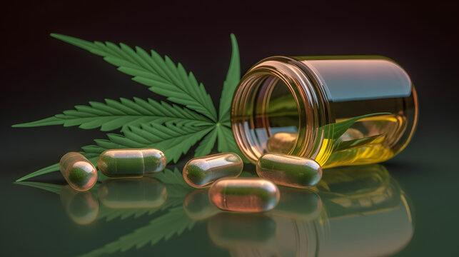 Oil in capsules of cannabis CBD extracts in jars herb and leaves. Concept Banner medical marijuana. Generation AI.