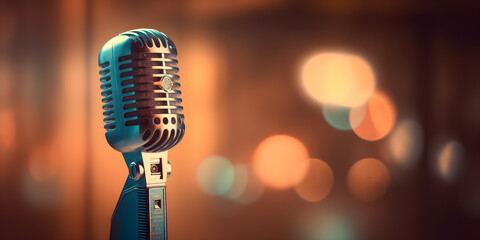 Fototapeta na wymiar Stylish old retro microphone on colored background with bokeh. Concept karaoke and stund up comedy. Generation AI