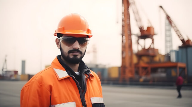 Portrait Oil rig engineer Arab men in hardhat in orange clothes trade deal or buying contract. Industrial wrk profession. Generation AI