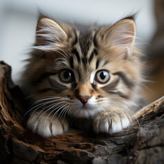 An adventurous Siberian Forest Cat kitten (Felis catus) climbing a cat tree.