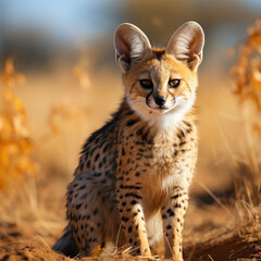 A regal serval (Leptailurus serval) exploring the vast African savanna. Taken with a professional camera and lens.
