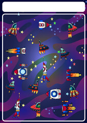 children's educational games, tasks. find the same parts of the spaceship. space