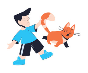 Naughty Boy Pull Cat Tail Have Bad Behaviour Vector Illustration