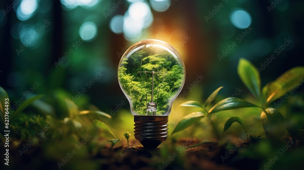 Poster energy saving light bulb and save the world concept, sustainable development with generative ai