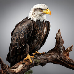 A majestic bald eagle perched on a tree branch, displaying its intense gaze.