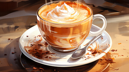 Drawing of a cup of hot cappuccino on a table, with splashes, breakfast concept