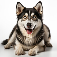 A Siberian Husky (Canis lupus familiaris) with dichromatic eyes posing elegantly.