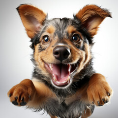 An energetic Blue Heeler puppy (Canis lupus familiaris) jumping in mid-air.