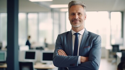 Obraz premium Portrait of an attractive middle-aged businessman in a suit looking at the camera. in office