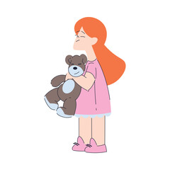 Happy Redhead Girl Standing with Teddy Bear Toy Having Fun Vector Illustration