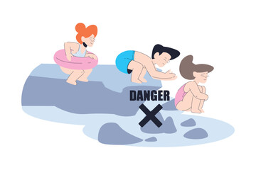 Little Boy and Girl Diving From Rock at Sea Vector Illustration