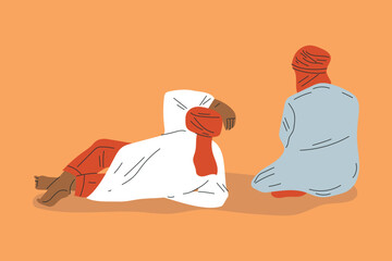 Man Tourist Camping in Desert Sitting and Talking Vector Illustration