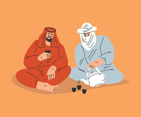 Man Tourist Camping in Desert Sitting and Talking Drinking Tea Vector Illustration