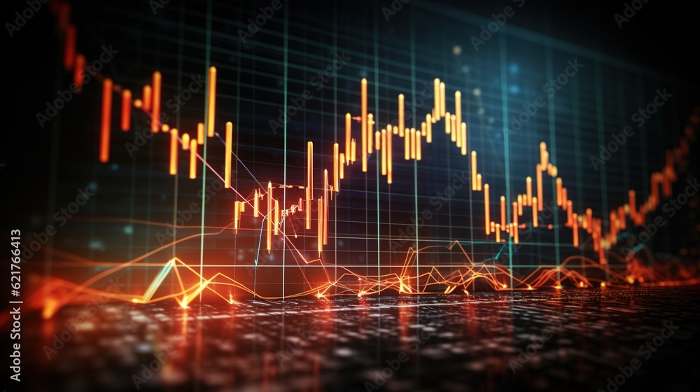 Poster virtual increasing technical graph and up arrow for trader analysis business stock market chart with
