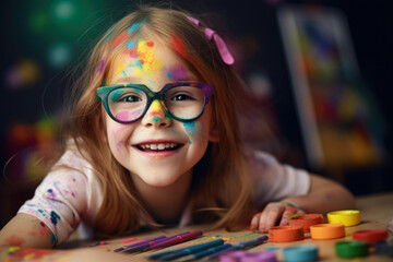  Portrait of happy smiling little girl in glasses with colorful paint on the skin. generative AI