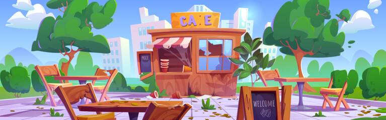 Abandoned cafe, cafeteria or street restaurant with dirty broken furniture, booth and garbage. Old messy outdoor cafe with broken tables and chairs and trash, vector cartoon illustration