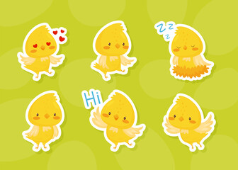 Cute Canary Cartoon Yellow Bird Vector Sticker Set