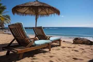 Fototapeta premium Beach chairs and umbrella on a white sandy beach. Generative AI