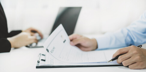 HR Manager talks to job applicants for job interviews about careers and Her personal history in the company. Employment and Recruitment concepts