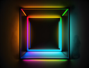 glowing neon rainbow cube frame on black background