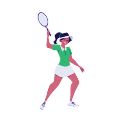 Young pretty woman tennis player raised the racket, vector cartoon illustration isolated on white background