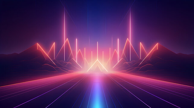 neon mountain highway horizon line background in minimalist outrun style