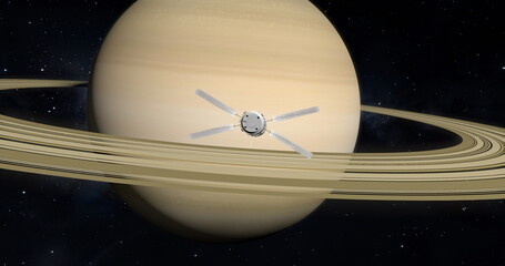 Spacecraft in front of the planet Saturn. Space exploration. © Sergey Fedoskin