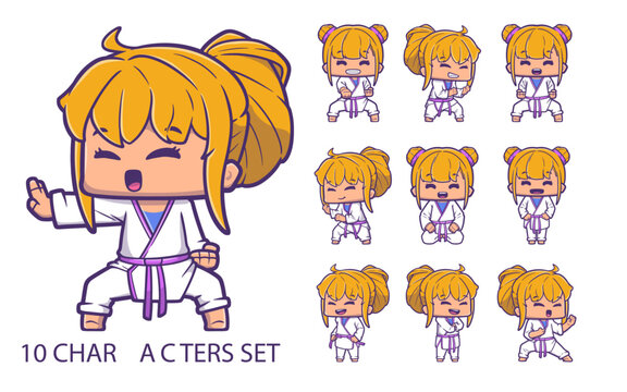 Set of funny cartoon girl jiujitsu characters vector design