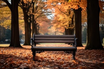 park bench in a park in autumn - created using generative AI tools - obrazy, fototapety, plakaty