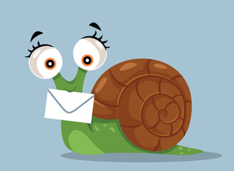 Funny Slow Snail Carrying Mail Vector Cartoon Illustration. Traditional mail carrier delivering to envelope to address 
