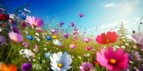Fototapeta premium A beautiful flowery meadow in spring or summer. Nature concept. Generative AI