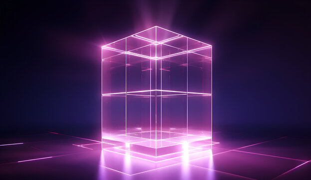 Fototapeta abstract purple neon glass cube on a black background