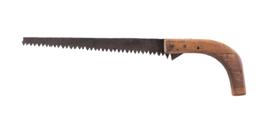 An old wood saw with a wooden handle. Tool, vintage, used. On a transparent background.