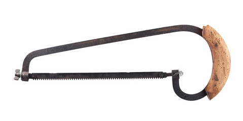 Old wood saw with wooden handle and replaceable blade. On a transparent background.