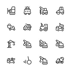 Heavy Machinery icon set. Set of special equipment, crawler excavator, trucks, vehicles, trailers, road construction machines, municipal machinery, tower crane, boom lift vector icons