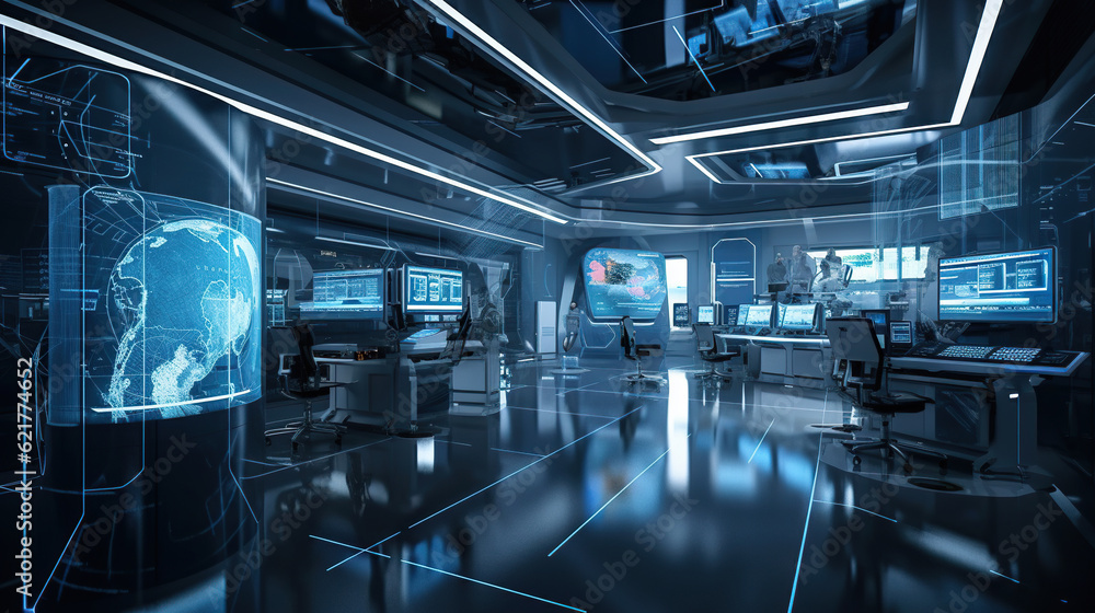 Poster generative ai of a modern interior of a large data center with computers and screens