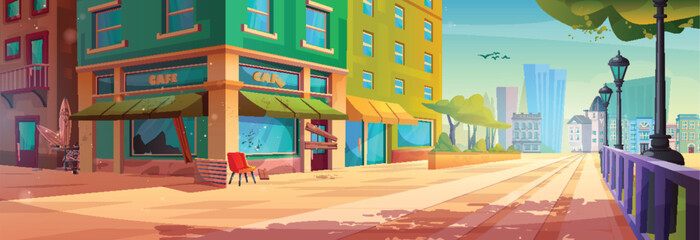 Abandoned outdoor street cafe exterior cartoon illustration. Summer city near park with neglected restaurant and broken window glass. Closed bistro building facade architecture area cityscape scene