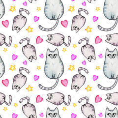 Seamless watercolor pattern of Valentines Day theme with cute cats, yellow and pink heart. Love theme on white background, pink and magenta colors, for fabrik, paper