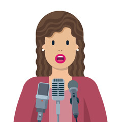 Politician speaking in public at microphones, vector illustration