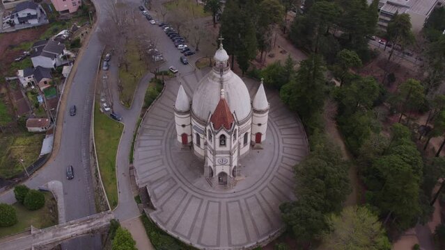 Wide shot of the Jardim do Sameiro with church on hill at Penafiel, aerial