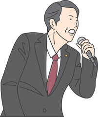 Illustration of a man with a badge on his chest holding a microphone and speaking with a serious expression.