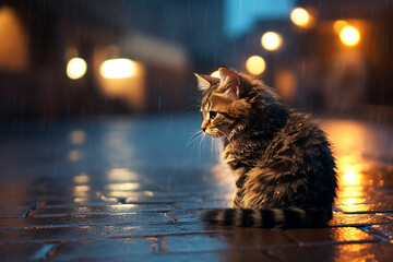 Sad wet kitten in the rain on a city street at night. Abandoned cat. Generative AI.