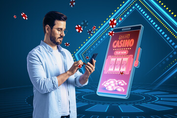 Online casino and gaming, gambling on device concept. Thoughtful european man and smartphone with...