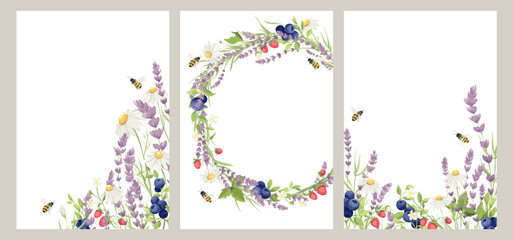 Fototapeta na wymiar Birthday, Wedding or Summer festival invitation cards. Vector design element, wreaths of lavender, chamomile, blueberry, strawberry and bee, medicinal herbs, calligraphy lettering.